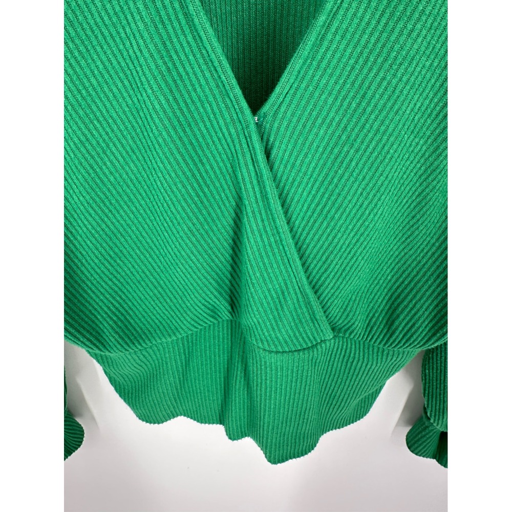 Anthropologie Top Womens Large Green Ribbed Surplice Balloon Work Office - Picture 5 of 9